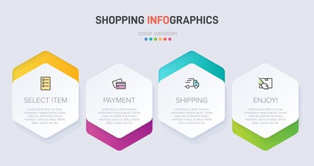 Concept of shopping process with 4 successive steps. Four colorful graphic elements. Timeline design for brochure, presentation, web site. Infographic design layout.