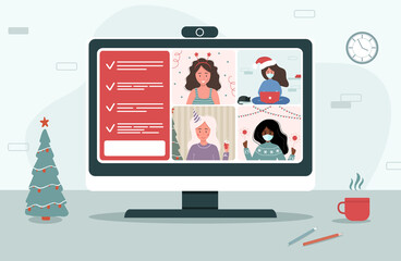 Christmas online party. Women celebrating new year on video chat. Grandma meeting with granddaughters via video conference on a computer on New Year holiday. Vector illustration in cartoon style.