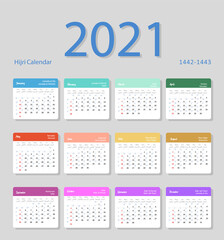 Hijri islamic calendar 2021. From 1442 to 1443 vector celebration template with week starting on sunday on simple background. Flat minimal desk and wall picture design