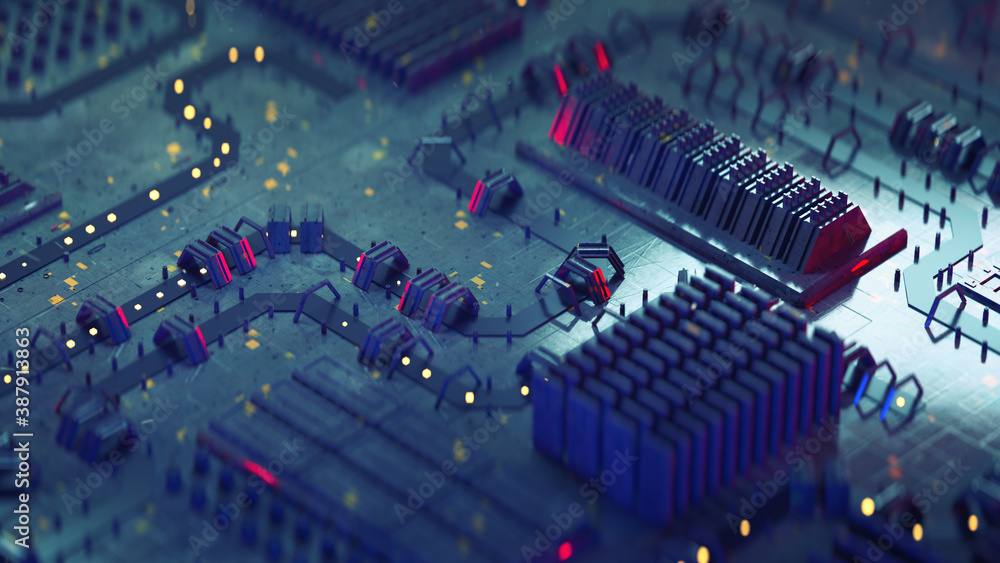 Poster futuristic printed circuit board 3d rendering
