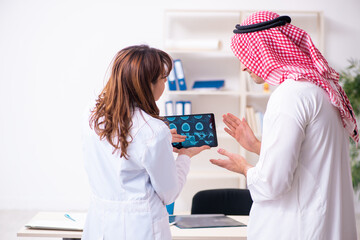 Young arab businessman visiting caucasian female doctor