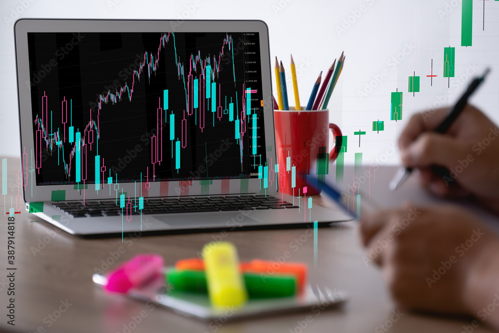 Poster man analyzing data graphs and reports investor with computer and tradeview graph finance stock excha