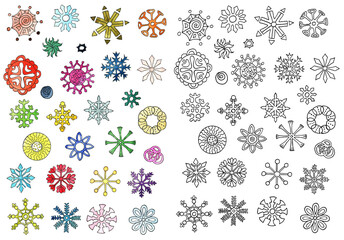 Set with hand drawn colorful snowflakes isolated on white.