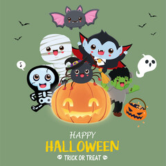 Vintage Halloween poster design with vector mummy, skeleton, bat, vampire, spider, demon, ghost character. 
