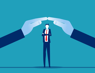 Big hands protecting businessman. A Helping hand