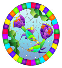 Fototapeta premium Illustration in stained glass style with bright fishes on the background of water and algae, oval image in bright frame