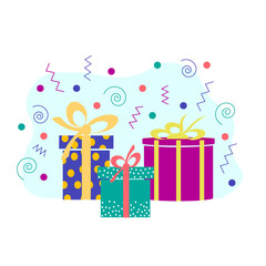 Flyer template with multicolored boxes. Vector illustration on a white background. Bright illustration for packaging, holidays, decor, discounts.