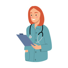 Fototapeta premium Female doctor character with stethoscope on white background.