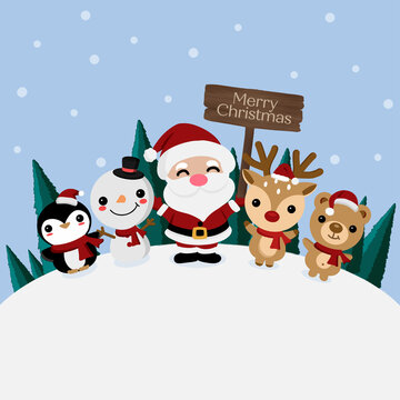 Merry Christmas and happy new year greeting card with cute character cartoon.