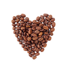 Coffee beans heart isolated on white background close up