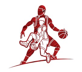 Obraz premium Group of Basketball players action cartoon sport graphic vector.