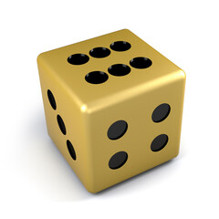 Golden dice with black dots isolated on white background. Gambling concept .3d rendering