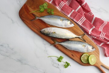 Uncooked Indian mackerel fish Rastrelliger kanagurta. also known as Bangda fish. Free copy space. Lemon wedge and coriander. top view fish background. online fish marketing. 