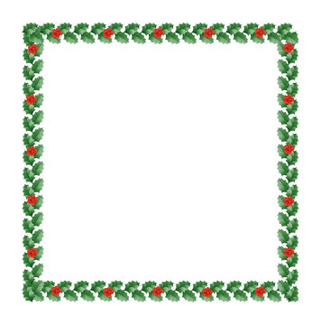  Holly Christmas border with green leaves and red berries. Christmas frame with holly. Vector illustration.