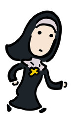 Catholic Nun running : Hand drawn vector illustration like woodblock print