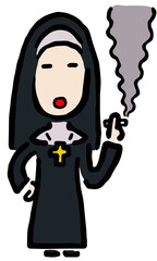 Smoking Catholic Nun : Hand drawn vector illustration like woodblock print