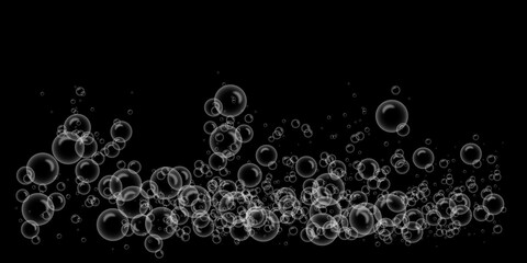 Water bubble texture set isolated on black background. fizzy air, gas or oxygen in the water. Realistic champagne drink, soda bubble effect.