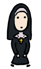 Catholic Nun walking : Hand drawn vector illustration like woodblock print