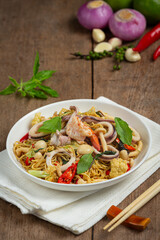Thai food; stir-fried instant noodles with seafood and variety vegetable