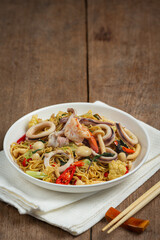 Thai food; stir-fried instant noodles with seafood and variety vegetable