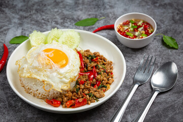 Thai food; Basil Minced Pork with rice and  fried egg