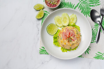 thai food;Fermented pork fried rice served with fresh cucumber
