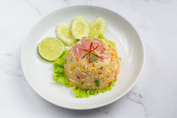 thai food;Fermented pork fried rice served with fresh cucumber