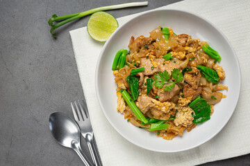 Thai food; Fried noodle with pork in soy sauce and vegetable