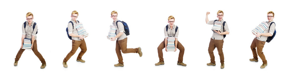 Funny student with stack of books
