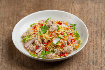 Thai food, instant noodles spicy salad with minced pork