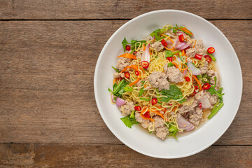 Thai food, instant noodles spicy salad with minced pork