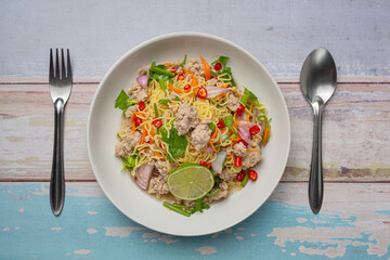 Thai food, instant noodles spicy salad with minced pork