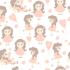 Seamless patterns. A cute girl walks, lies, rejoices on a white background with flowers and a balloon with the inscription - little princess. Vector. kids collection in the Pastel Scandinavian style