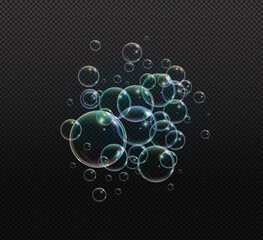 Bath foam soap with neon bubbles isolated vector illustration on transparent background. Colorful cloud of blowing bubbles and soapy foam.