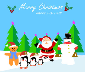 Santa and friends cheerful at Chrismas time with copy space ,wallpaper,card,greeting