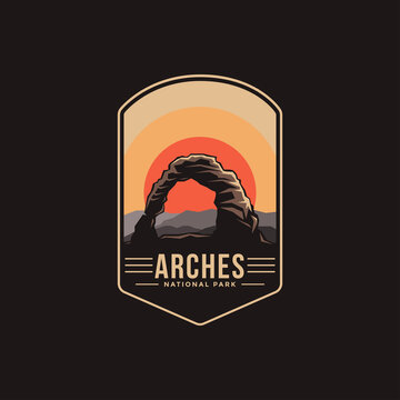 Emblem patch logo illustration of Arches National Park on dark background