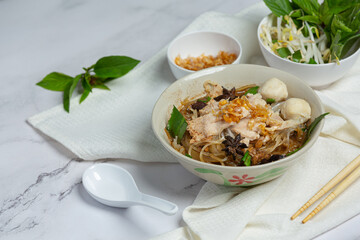 Thai food; Noodles with pork , meatball and vegetable
