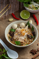 Thai food; Noodles with pork , meatball and vegetable