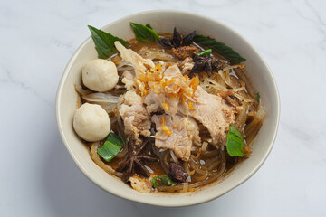 Thai food; Noodles with pork , meatball and vegetable