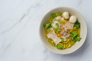 Thai food; Noodles with pork , meatball and vegetable