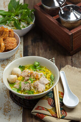 Thai food; Noodles with pork , meatball and vegetable