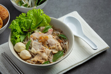 Thai food; Noodles with pork , meatball and vegetable