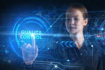 Business, technology, internet and network concept. Young businessman thinks over the steps for successful growth: Quality control