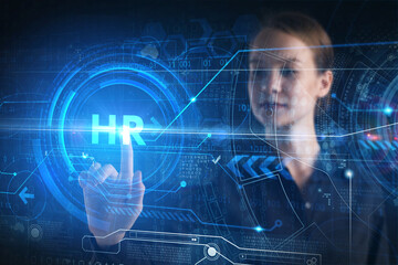 Business, technology, internet and network concept. Young businessman thinks over the steps for successful growth: HR