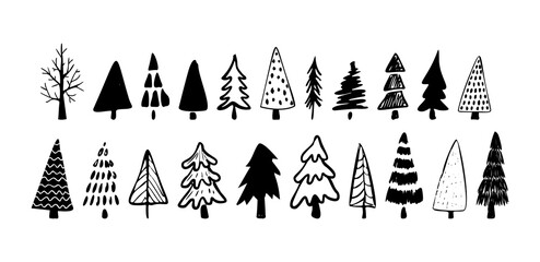 Obraz premium Christmas doodle set. Christmas tree. Hand drawn xmas decorations icons. Vector illustration isolated on white background.