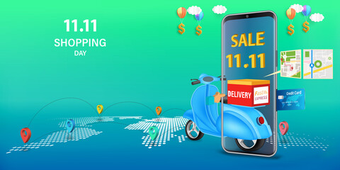 Fast delivery by scooter on mobile. E-commerce online concept. 11.11 Shopping Day .Online infographic. Webpage, app design. vector illustration.