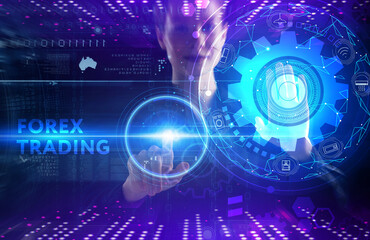 Business, technology, internet and network concept. Young businessman thinks over the steps for successful growth: Forex trading