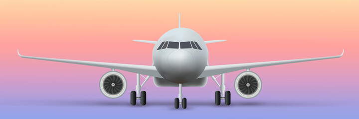 Front view of Civil Aircraft standing on the chassis  isolated on pastel background. Public or private plane as business and travel design concept. Vector Illustration.