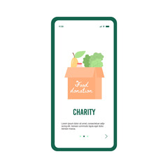 Onboarding screen design for donation and charity to poor people, flat cartoon vector illustration. Volunteering and charity site application interface.