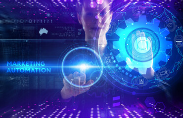 Business, technology, internet and network concept. Young businessman thinks over the steps for successful growth: Marketing automation